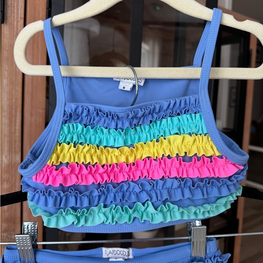 Flapdoodles bikini swimsuit set toddler girl ruffles colorful rainbow periwinkle - Picture 3 of 8